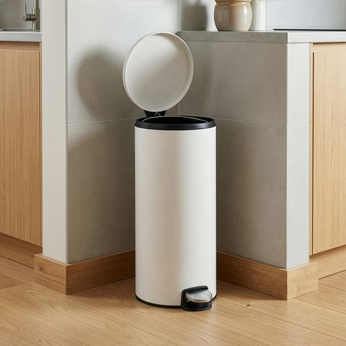 Poubelle à Pédale, Rond, Seau Intérieur Amovible, Fermeture En Douceur, 30 L, Blanc
