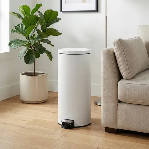 Poubelle à Pédale, Rond, Seau Intérieur Amovible, Fermeture En Douceur, 30 L, Blanc