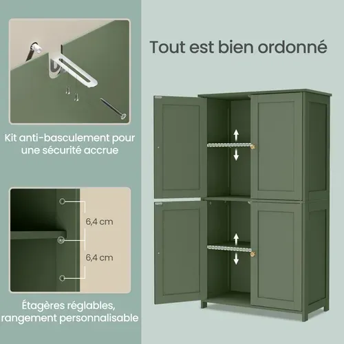 Armoire Haute De Rangement, Meuble De Cuisine Avec 4 Portes, 2 Étagères Réglables, Vert