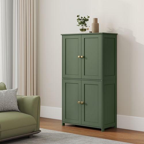 Armoire Haute De Rangement, Meuble De Cuisine Avec 4 Portes, 2 Étagères Réglables, Vert