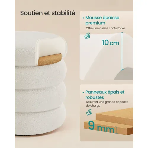 Tabouret De Coiffeuse Rond, Rembourré, Avec Rangement, Couvercle Amovible, Blanc