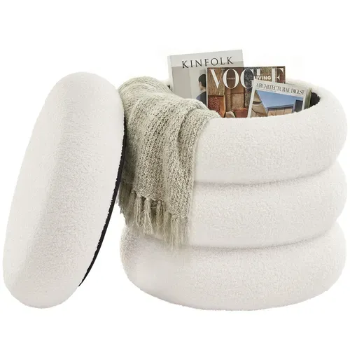Tabouret De Coiffeuse Rond, Rembourré, Avec Rangement, Couvercle Amovible, Blanc