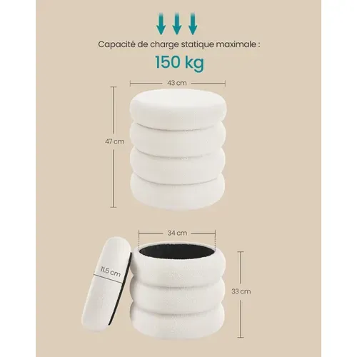 Tabouret De Coiffeuse Rond, Rembourré, Avec Rangement, Couvercle Amovible, Blanc