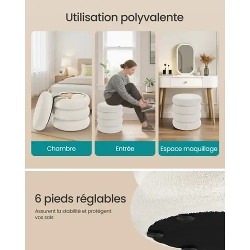 Tabouret De Coiffeuse Rond, Rembourré, Avec Rangement, Couvercle Amovible, Blanc