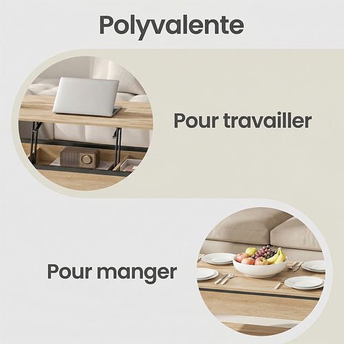 Table De Café Avec Plateau Relevable, Rangement Caché Et Ouvert, 100 X 50 Cm, Marron Camel Et Noir