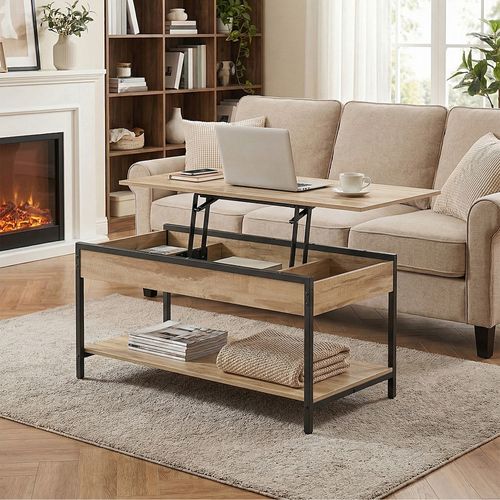 Table De Café Avec Plateau Relevable, Rangement Caché Et Ouvert, 100 X 50 Cm, Marron Camel Et Noir
