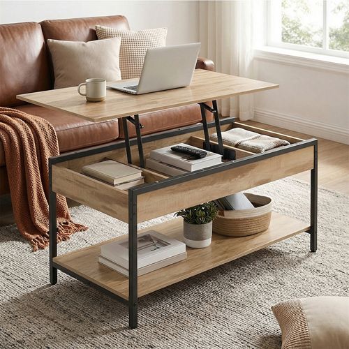 Table De Café Avec Plateau Relevable, Rangement Caché Et Ouvert, 100 X 50 Cm, Marron Camel Et Noir