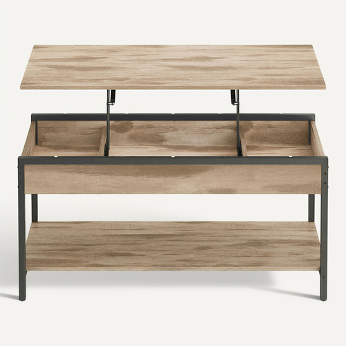 Table De Café Avec Plateau Relevable, Rangement Caché Et Ouvert, 100 X 50 Cm, Marron Camel Et Noir