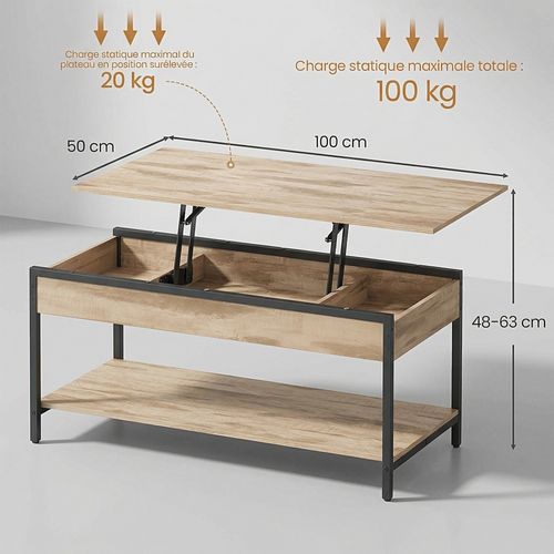 Table De Café Avec Plateau Relevable, Rangement Caché Et Ouvert, 100 X 50 Cm, Marron Camel Et Noir