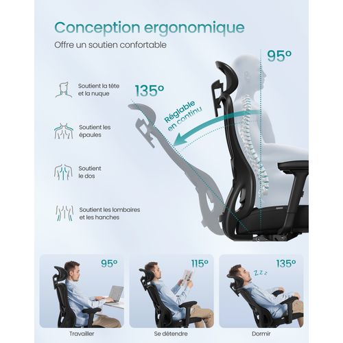 Chaise De Bureau Ergonomique, Appui-tête Et Soutien Lombaire Réglables,  Hauteur Réglable, Noir