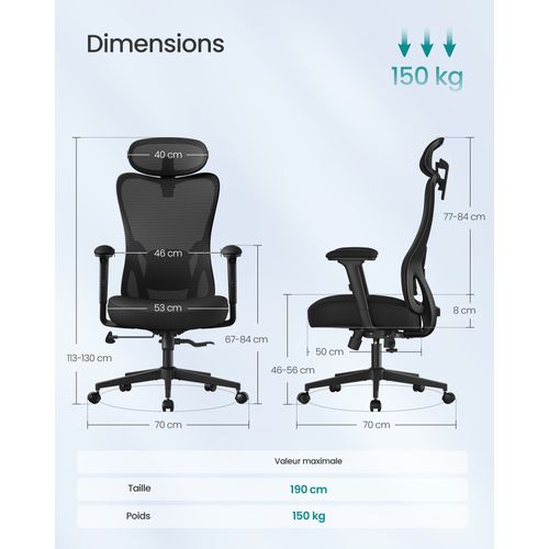 Chaise De Bureau Ergonomique, Appui-tête Et Soutien Lombaire Réglables,  Hauteur Réglable, Noir