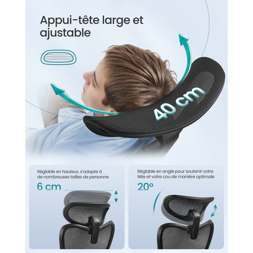 Chaise De Bureau Ergonomique, Appui-tête Et Soutien Lombaire Réglables,  Hauteur Réglable, Noir