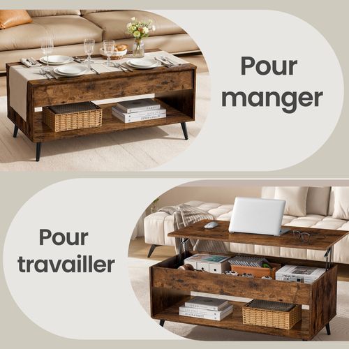 Meuble De Salon Avec Plateau Relevable, Vérin à Gaz, Rangement Ouvert, Marron Et Noir