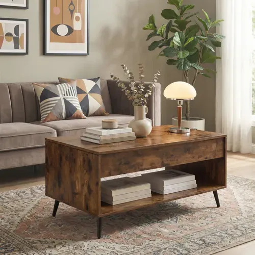 Meuble De Salon Avec Plateau Relevable, Vérin à Gaz, Rangement Ouvert, Marron Et Noir