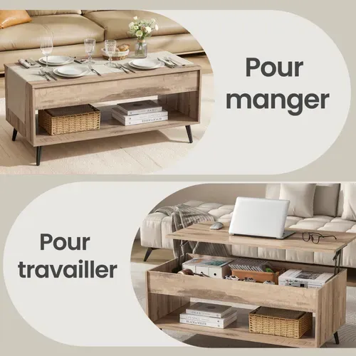 Meuble De Salon Avec Plateau Relevable, Vérin à Gaz, Rangement Ouvert, Marron Et Noir