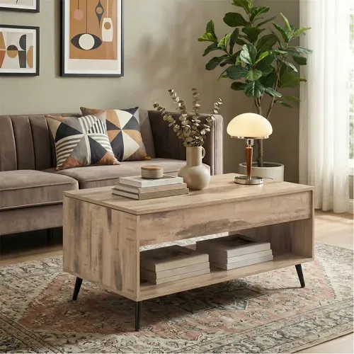 Meuble De Salon Avec Plateau Relevable, Vérin à Gaz, Rangement Ouvert, Marron Et Noir