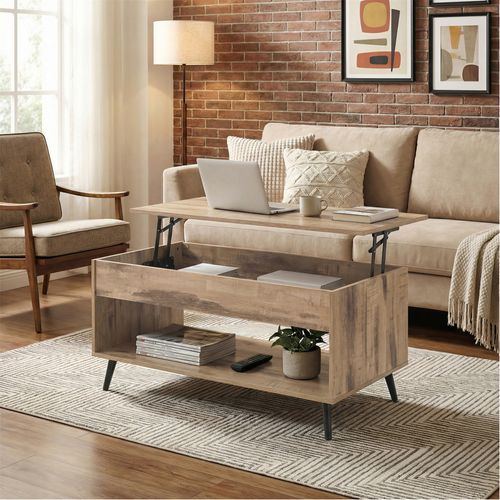 Meuble De Salon Avec Plateau Relevable, Vérin à Gaz, Rangement Ouvert, Marron Et Noir