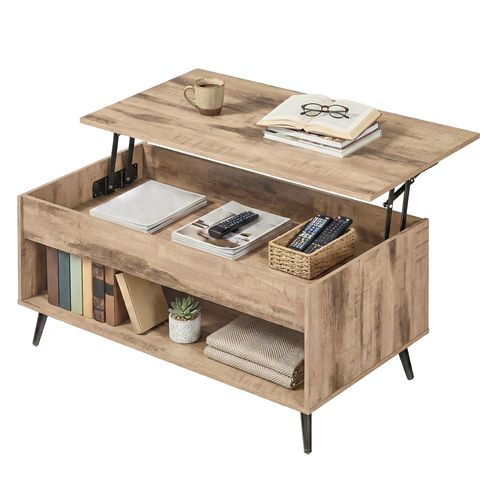 Meuble De Salon Avec Plateau Relevable, Vérin à Gaz, Rangement Ouvert, Marron Et Noir