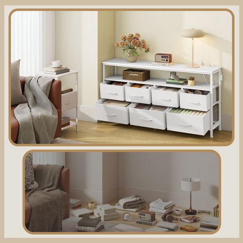 Meuble De Rangement Avec LED Réglable Et Multiprise, 7 Tiroirs En Tissu,blanc
