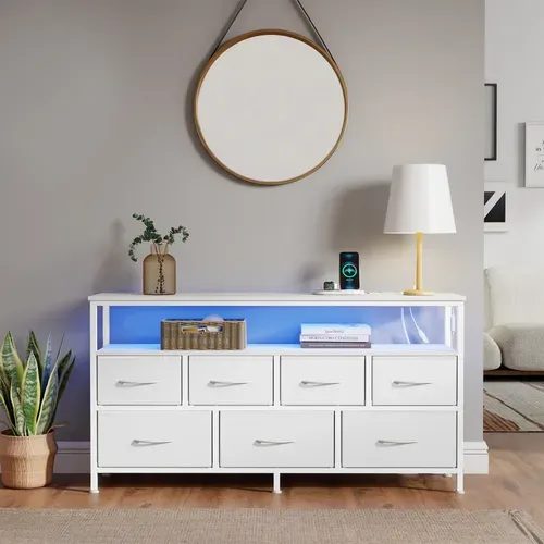 Meuble De Rangement Avec LED Réglable Et Multiprise, 7 Tiroirs En Tissu,blanc