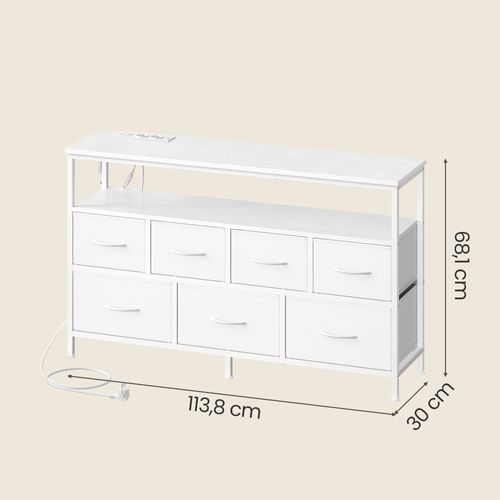 Meuble De Rangement Avec LED Réglable Et Multiprise, 7 Tiroirs En Tissu,blanc