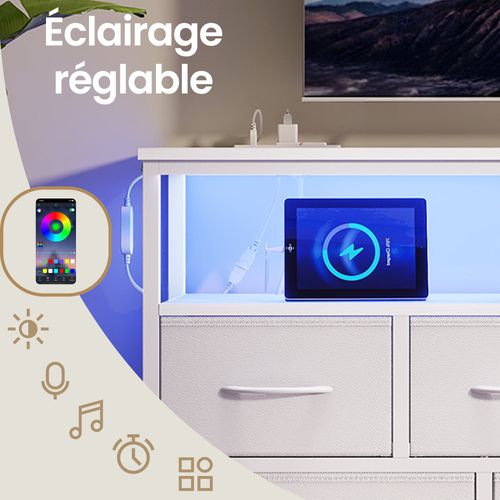 Meuble De Rangement Avec LED Réglable Et Multiprise, 7 Tiroirs En Tissu,blanc