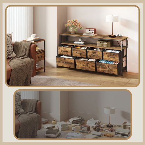 Meuble De Rangement Avec LED Réglable Et Multiprise, 7 Tiroirs En Tissu,marron Et Noir