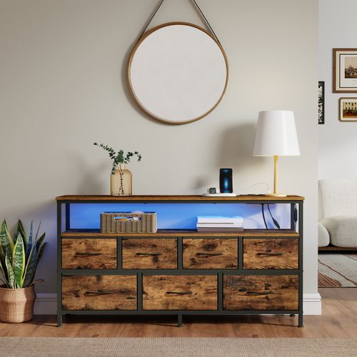 Meuble De Rangement Avec LED Réglable Et Multiprise, 7 Tiroirs En Tissu,marron Et Noir