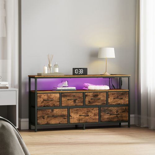 Meuble De Rangement Avec LED Réglable Et Multiprise, 7 Tiroirs En Tissu,marron Et Noir
