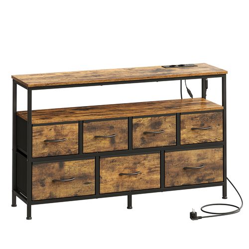 Meuble De Rangement Avec LED Réglable Et Multiprise, 7 Tiroirs En Tissu,marron Et Noir