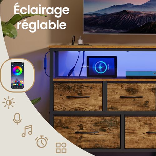 Meuble De Rangement Avec LED Réglable Et Multiprise, 7 Tiroirs En Tissu,marron Et Noir