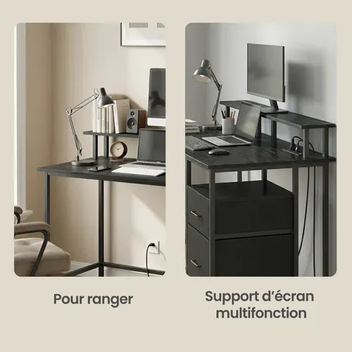 Bureau de Travail, Support d’Écran, Tiroirs en Tissu, Station de Charge, 120 x 60 cm, Noir