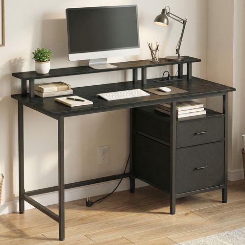Bureau de Travail, Support d’Écran, Tiroirs en Tissu, Station de Charge, 120 x 60 cm, Noir