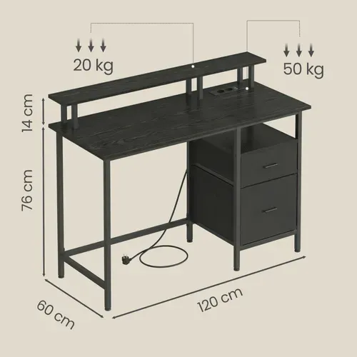 Bureau de Travail, Support d’Écran, Tiroirs en Tissu, Station de Charge, 120 x 60 cm, Noir