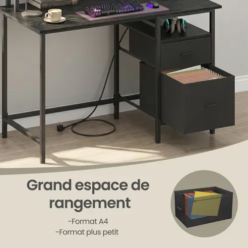 Bureau de Travail, Support d’Écran, Tiroirs en Tissu, Station de Charge, 120 x 60 cm, Noir