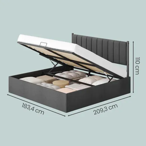 Lit Double Avec Rangement, Sommier Relevable 180 X 200 Cm, Cadre De Lit Moderne, Gris