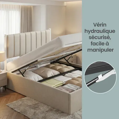 Lit Double Avec Rangement, Sommier Relevable 160 X 200 Cm, Cadre De Lit Moderne, Beige