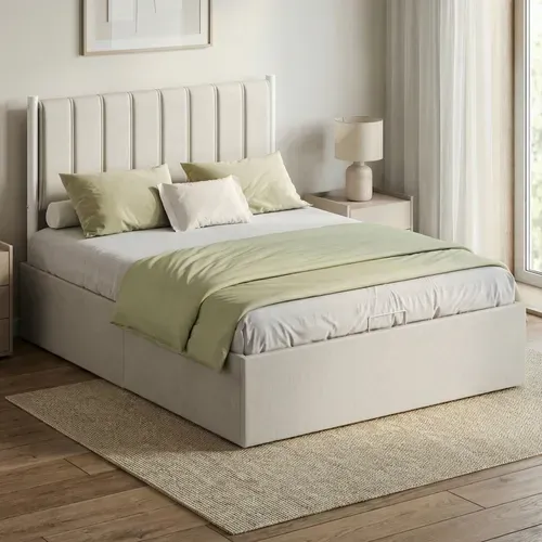 Lit Double Avec Rangement, Sommier Relevable 160 X 200 Cm, Cadre De Lit Moderne, Beige