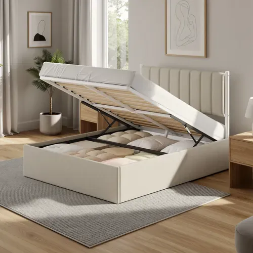 Lit Double Avec Rangement, Sommier Relevable 160 X 200 Cm, Cadre De Lit Moderne, Beige