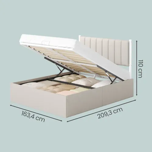 Lit Double Avec Rangement, Sommier Relevable 160 X 200 Cm, Cadre De Lit Moderne, Beige