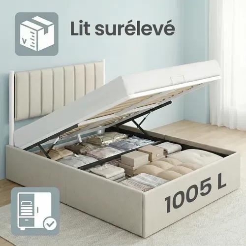 Lit Double Avec Rangement, Sommier Relevable 160 X 200 Cm, Cadre De Lit Moderne, Beige