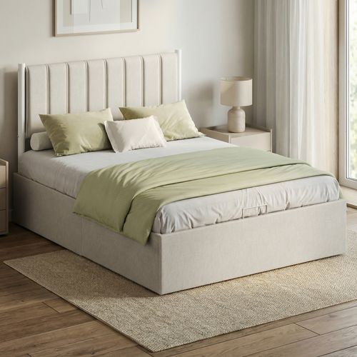 Lit Double Avec Rangement, Sommier Relevable 140 X 190 Cm, Cadre De Lit Moderne, Beige