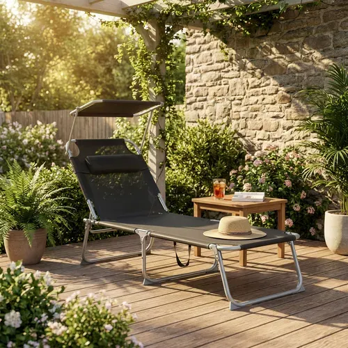 Transats Pliants Extérieur, Appui-tête, Dossier Et Pare-soleil Réglables, Lot De 2, Noir