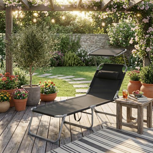 Transats Pliants Extérieur, Appui-tête, Dossier Et Pare-soleil Réglables, Lot De 2, Noir