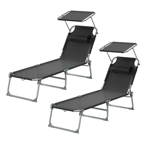 Transats Pliants Extérieur, Appui-tête, Dossier Et Pare-soleil Réglables, Lot De 2, Noir