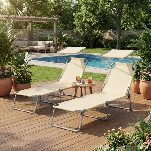 Transats Pliants Extérieur, Dossier Et Pare-soleil Réglables, Chaises Longues, Lot De 2, Beige
