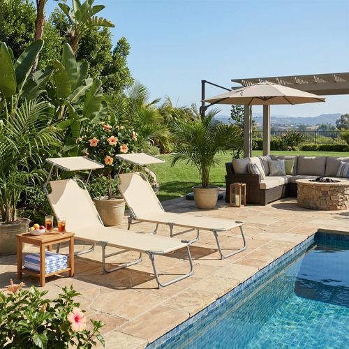 Transats Pliants Extérieur, Dossier Et Pare-soleil Réglables, Chaises Longues, Lot De 2, Beige