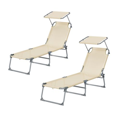 Transats Pliants Extérieur, Dossier Et Pare-soleil Réglables, Chaises Longues, Lot De 2, Beige