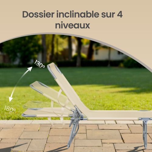Transats Pliants Extérieur, Dossier Et Pare-soleil Réglables, Chaises Longues, Lot De 2, Beige