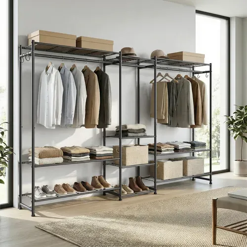 Portemanteau Métallique Ouvert, Armoire Avec 3 Tringles Et 10 étagères, Pour Chambre, Entrée, Noir